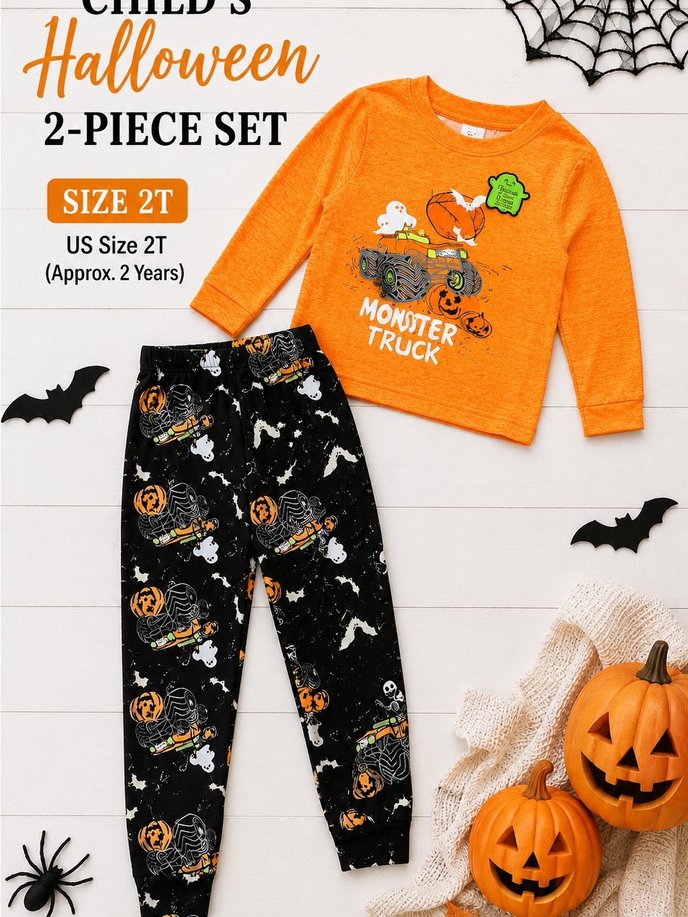H&M Orange & Black Monster Truck Halloween Pajama Set